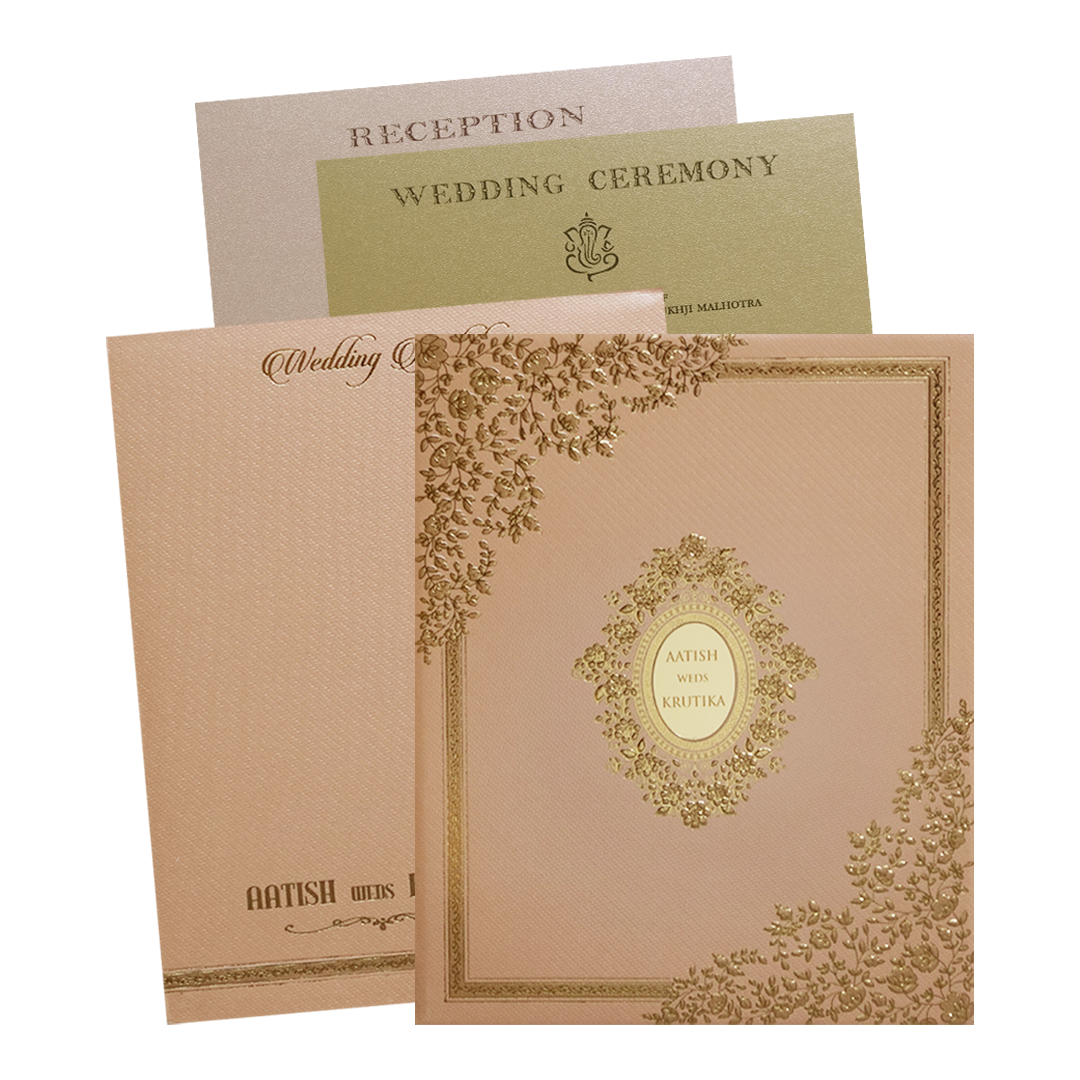 Orange Floral Gold Padded Wedding Card-KMMWD1150