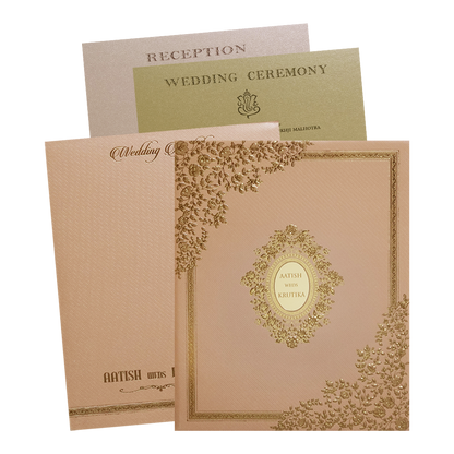 Orange Floral Gold Padded Wedding Card-KMMWD1150