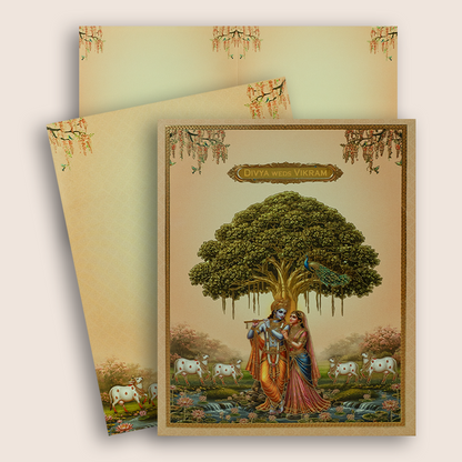 Orange Lord Radha Krishna Wedding Invitation Card - KNKC6209