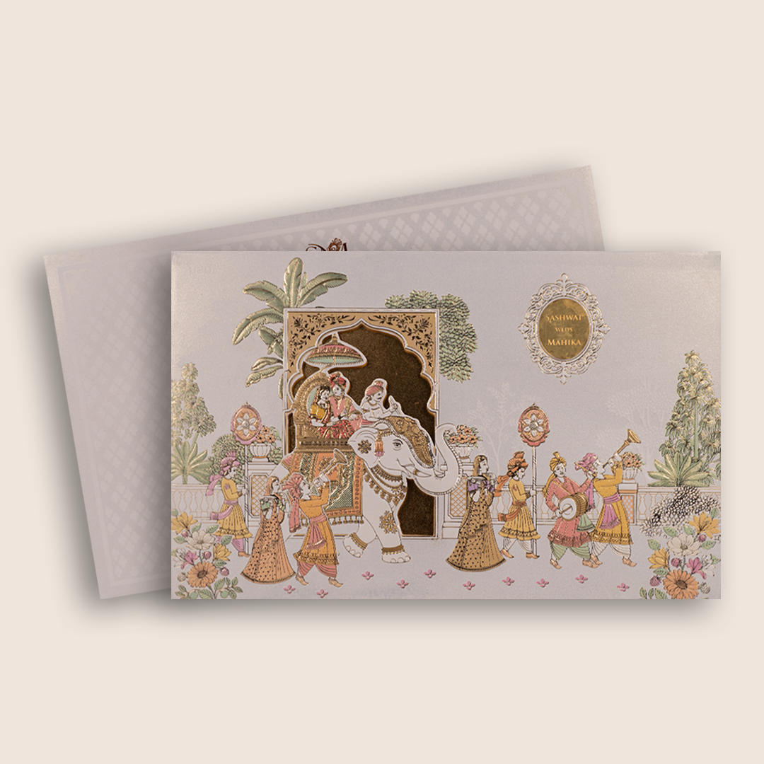 White Royal Baraat Padded Wedding Invitation Card - KRE29300