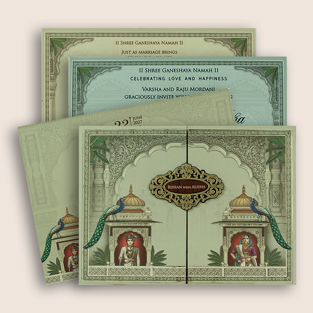 Pale Green Bride Groom Door Style Padded Wedding Card - KFR17360