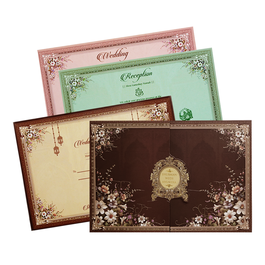 Royal Brown Floral Gold Foil Door Style Wedding Invitation Card-KRB09090