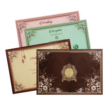 Royal Brown Floral Gold Foil Door Style Wedding Invitation Card-KRB09090