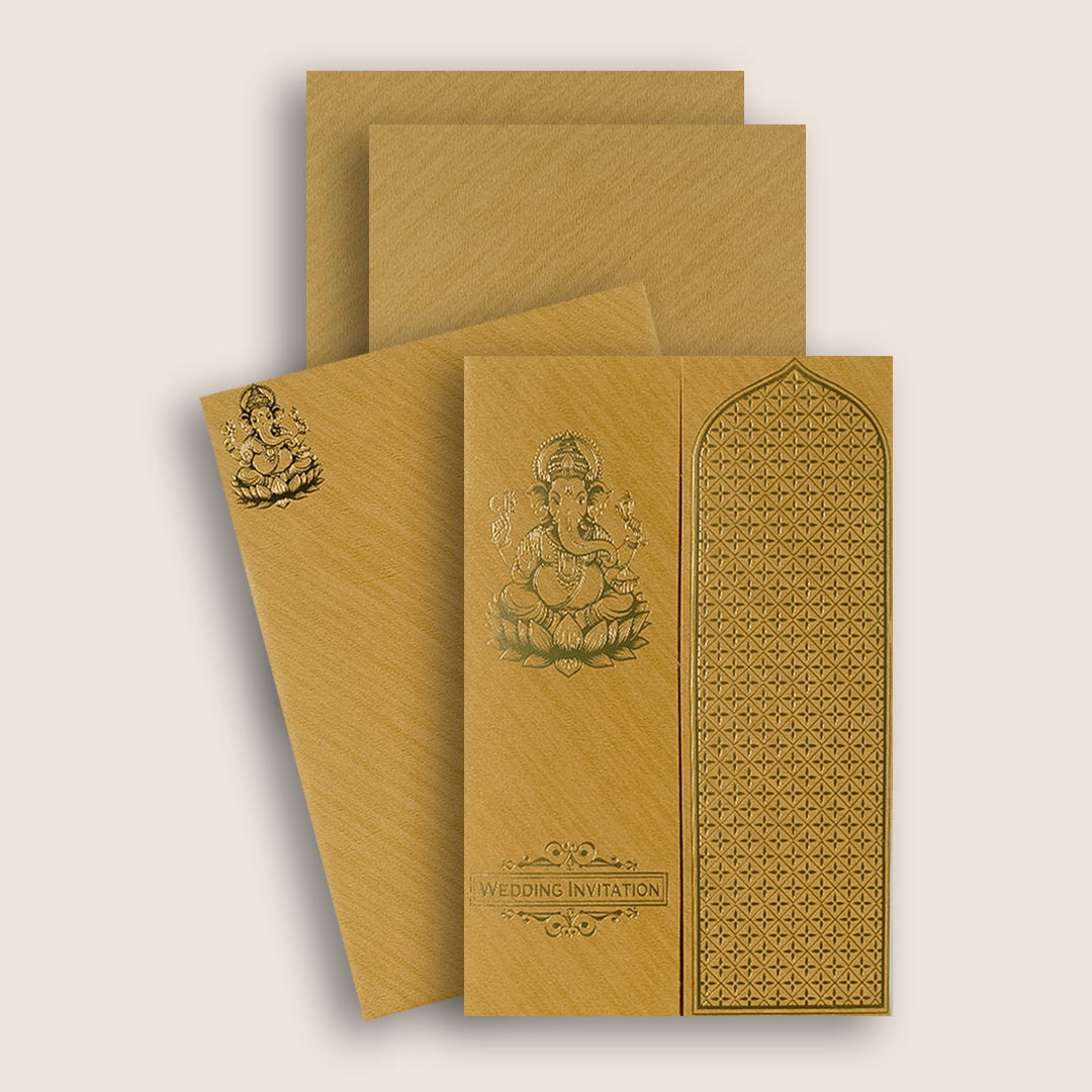 Brown Gold Ganesha Lattice Door Style Wedding Card - KNCM050G