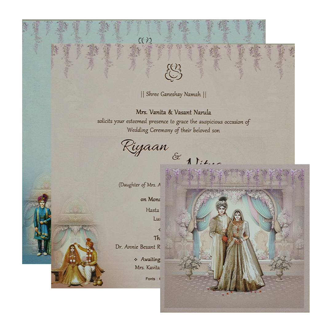 Lavender Padded Floral Bride Groom Wedding Card-KRC31360