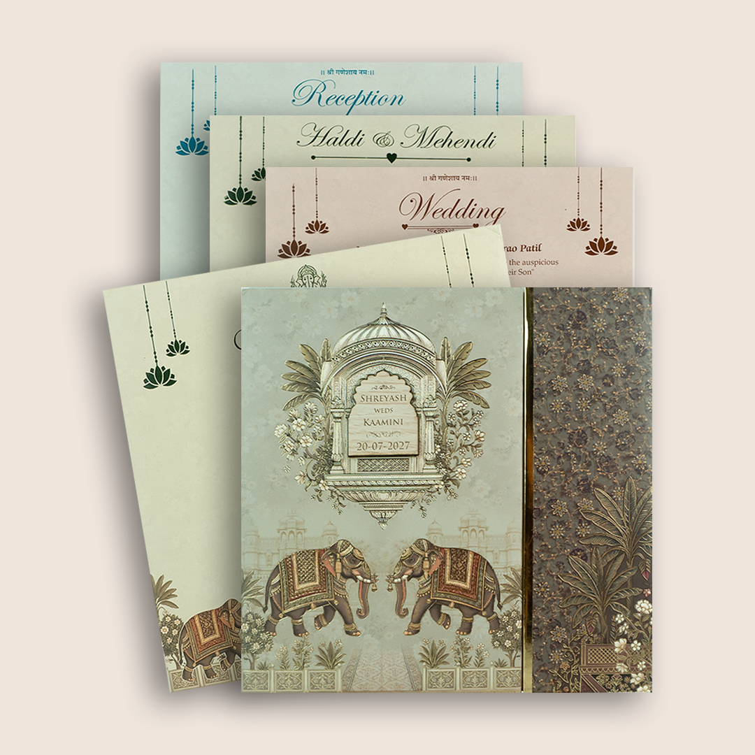 Beige Padded Elephant Door Style Invitation Card - KSH18780