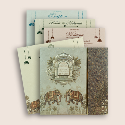 Beige Padded Elephant Door Style Invitation Card - KSH18780