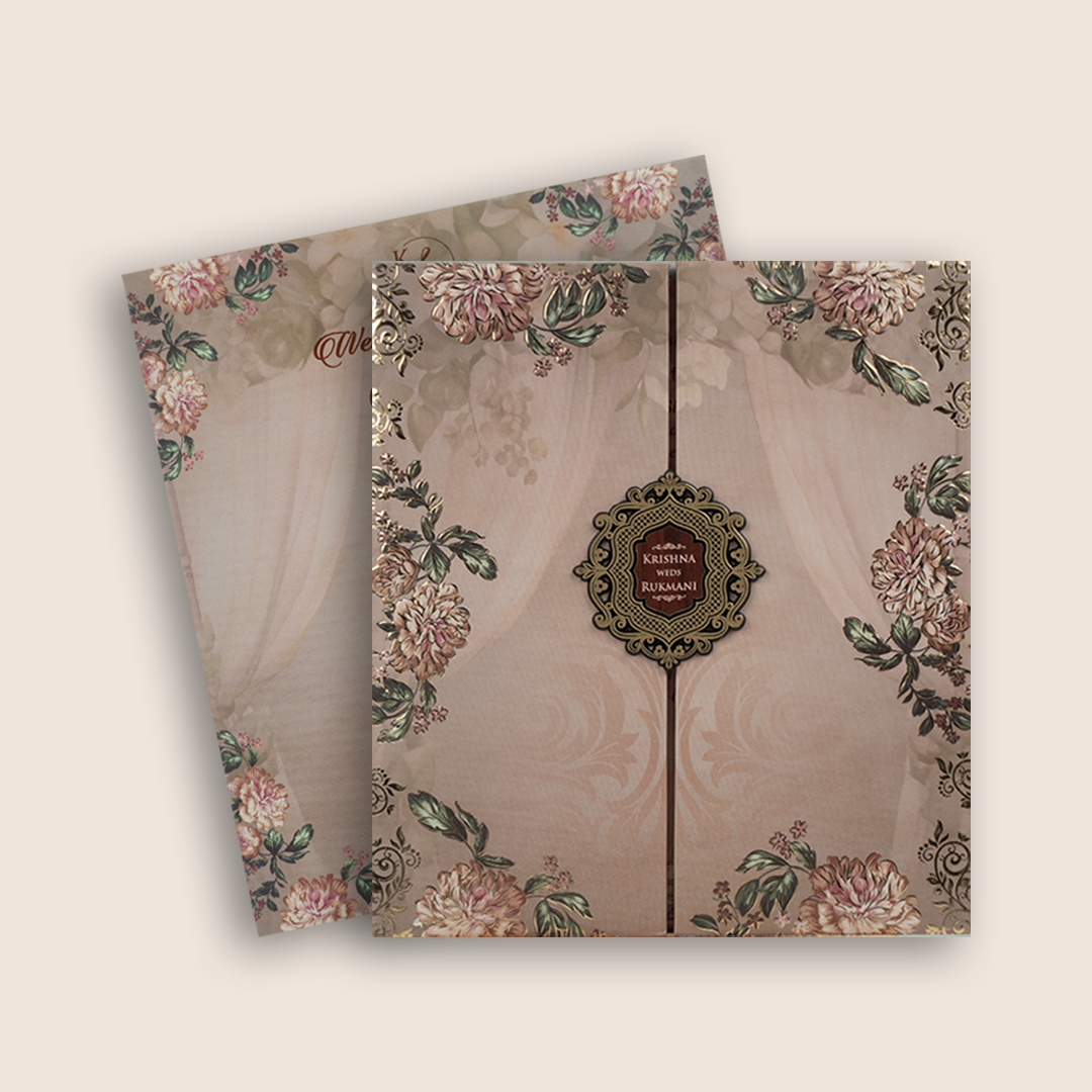Pastel Brown Floral Padded Door Style Wedding Card - KJTS1935