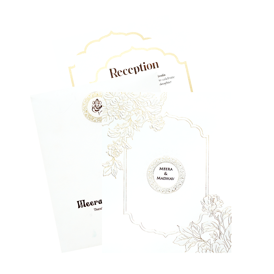 White Gold Foil Embossed Floral Wedding Invitation Card-KPR06610