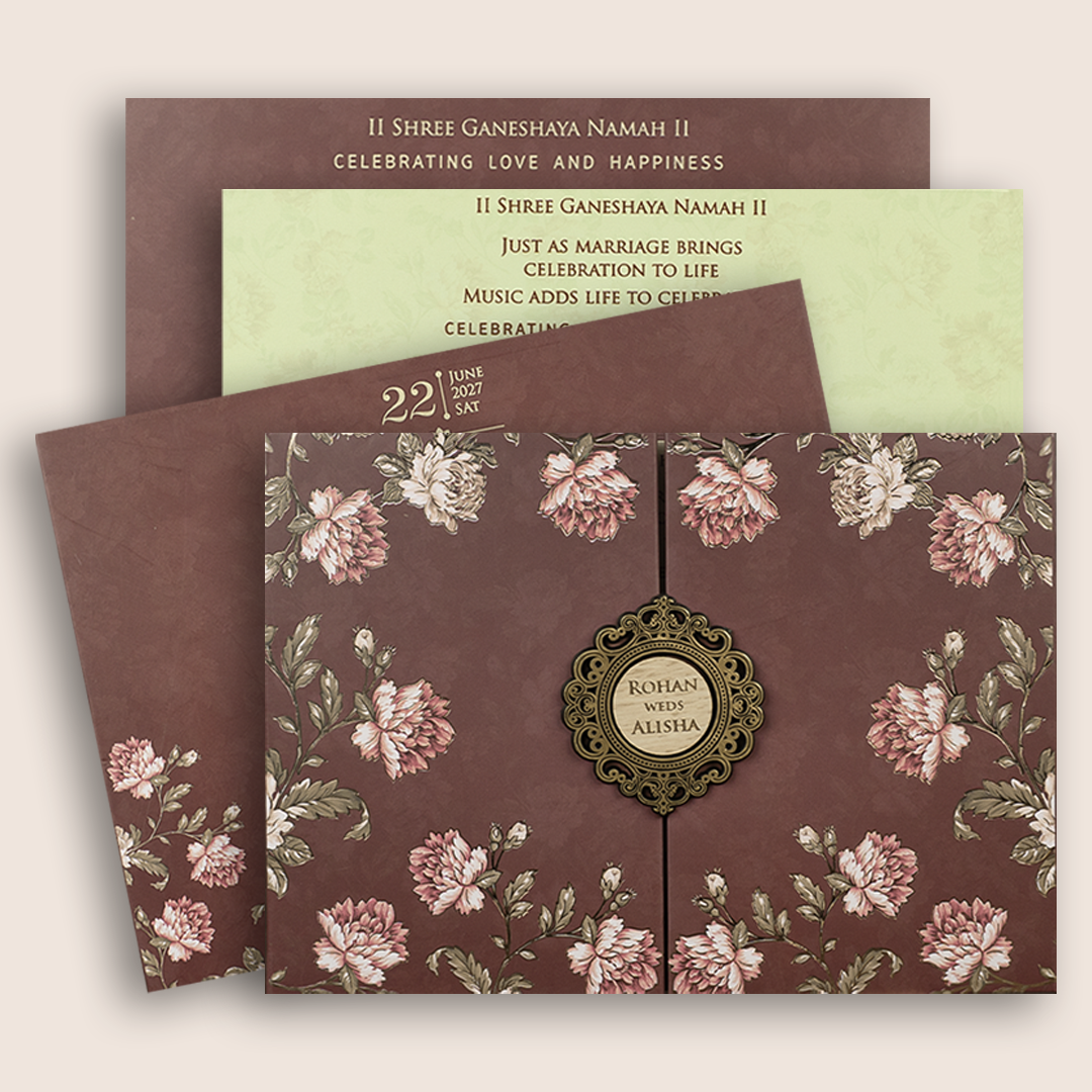Maroon Floral Door Style Padded Wedding Card - KFR17350