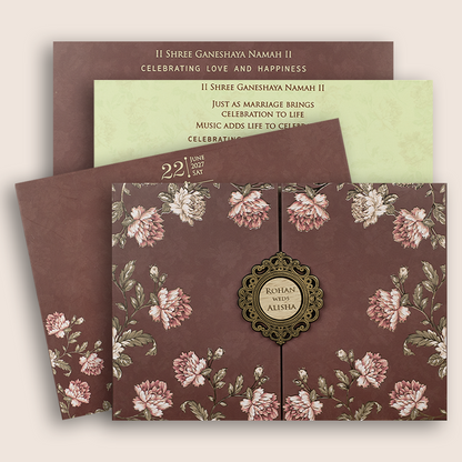 Maroon Floral Door Style Padded Wedding Card - KFR17350