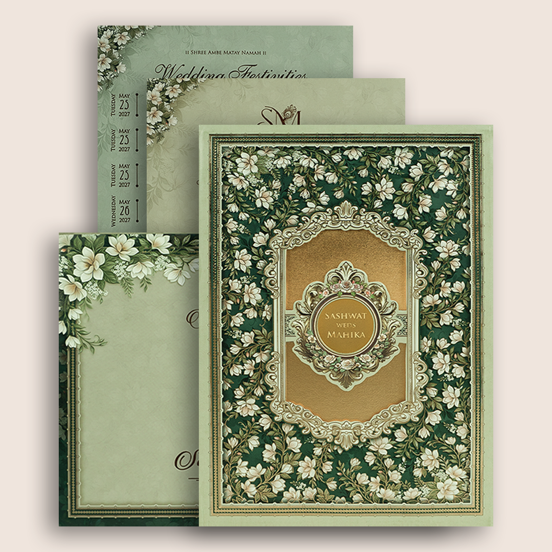 Green Floral Laser Cut Padded Wedding Card - KRE29070