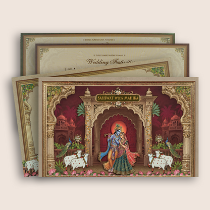 Wine Lord Radha Krishna Padded Wedding Card - KRE28810