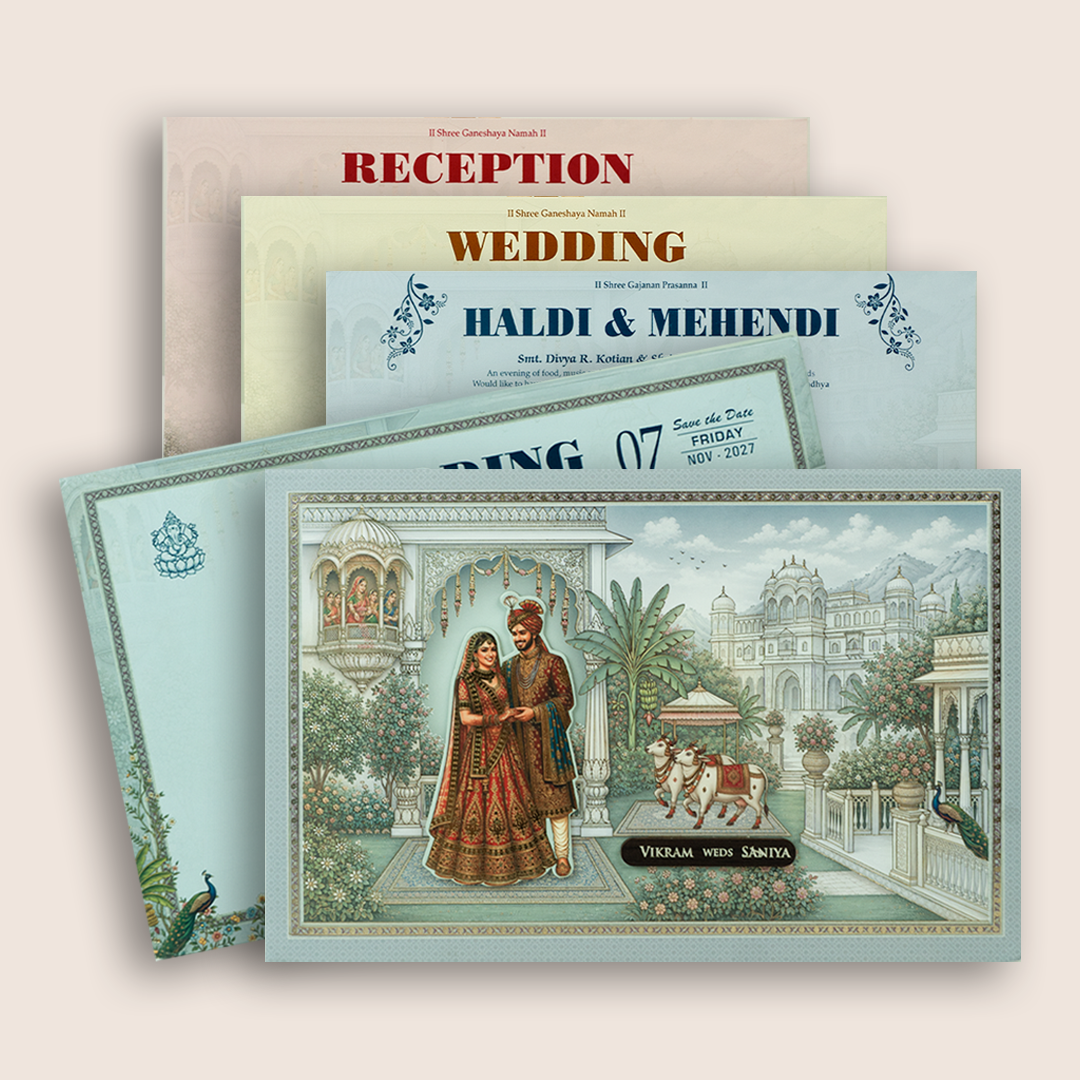 Blue Palace Bride Groom Padded Wedding Invitation - KSH18100