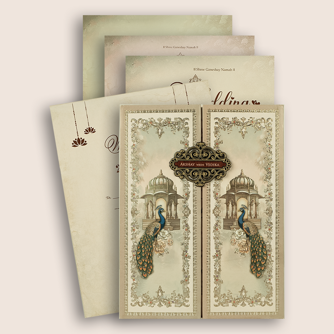 Beige Peacock Door Style Padded Wedding Invitation - KSH73730
