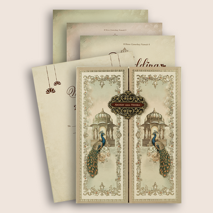 Beige Peacock Door Style Padded Wedding Invitation - KSH73730