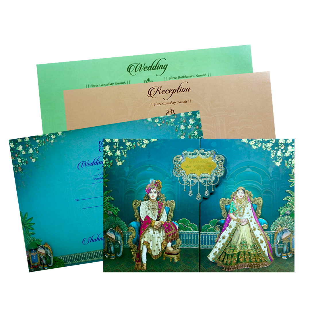 Royal Teal Bride and Groom Gold Foil Wedding Invitation Card-KRB09070