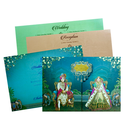Royal Teal Bride and Groom Gold Foil Wedding Invitation Card-KRB09070