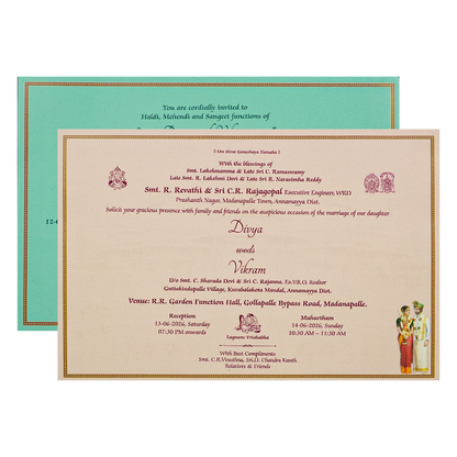 Green Padded Bride Groom Palace Wedding Card-KNAK4701