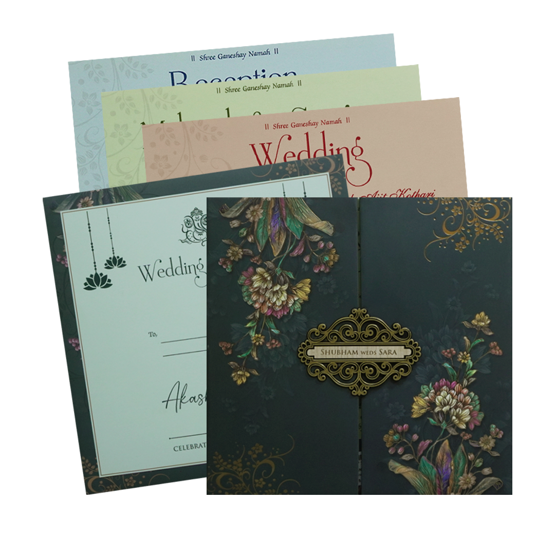 Green Floral Padded Wedding Card - KSH72810