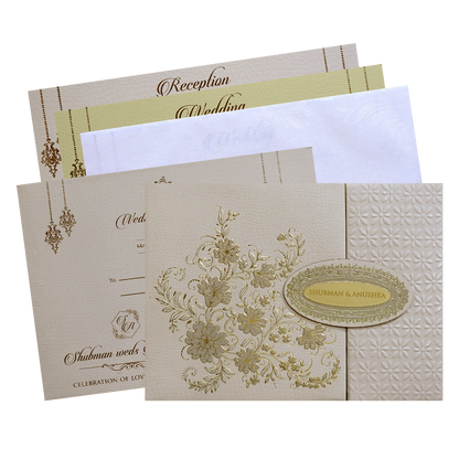 Royal Lavender Padded Embossed Gold Door Style Wedding Invitation Card-KRB09660