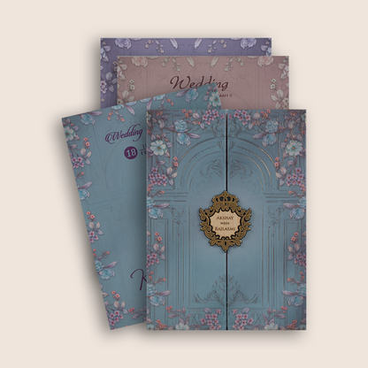 Pastel Blue Floral Door Style Padded Invitation Card - KJTS1929