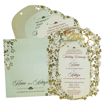 Check out this Green Gold Floral Laser-Cut Wedding Card at best price. ?WhatsApp Support ?Express Delivery. Includes envelope and inserts.