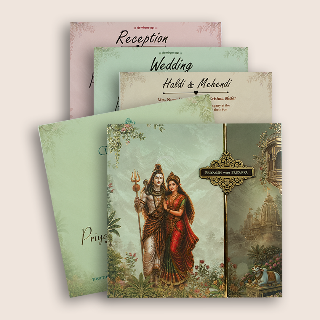 Green Padded Lord Shiva Parvathi Door Style Wedding Invitation - KSH18740