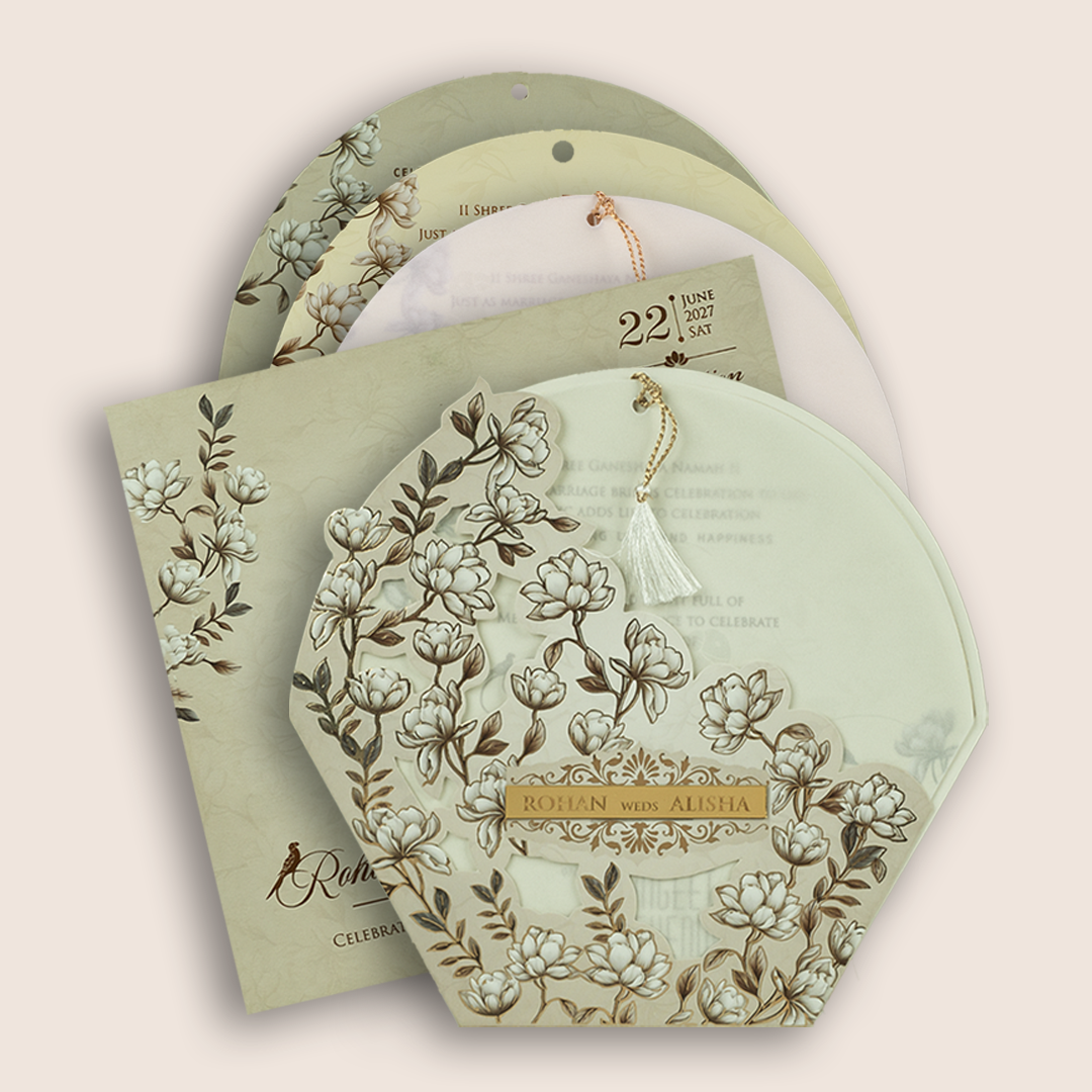 Cream Lilly Flower Laser Cut Marriage Card - KFR17250