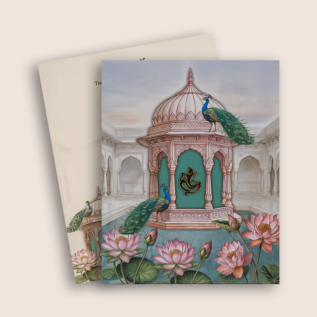 Beige Peacock Floral Padded Wedding Invitation Card - KPR07280