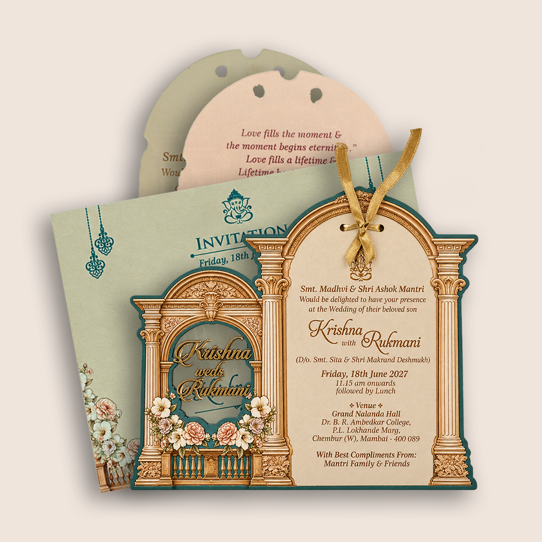 Teal Green MDF Floral Laser Cut Wedding Card - KJTS1923