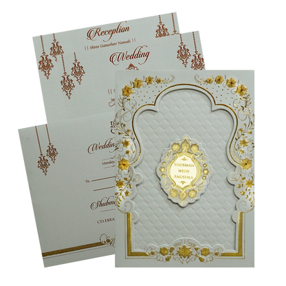 Grey Padded Embossed Floral Wedding Invitation Card-KRB09681