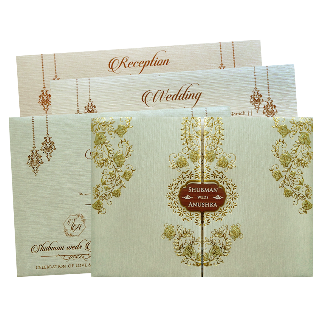 Check out Ivory Padded Embossed Floral Wedding Invitation Card at best price. ?WhatsApp Support ?Express Delivery.