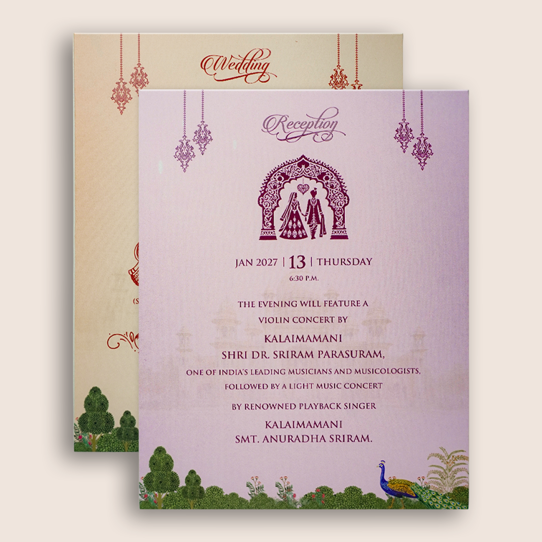 Pink Padded Peacock Palace Wedding Card-KNKN6320