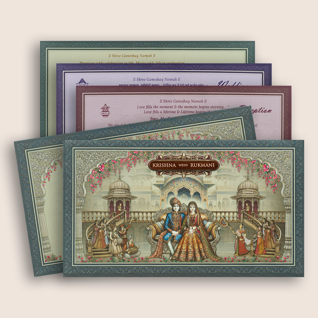 Teal Blue Royal Palace Bride Groom Floral Padded Wedding Invitation Card - KJTS1921