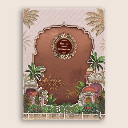 Brown Laser Cut Jharokha Padded Wedding Invitation - KSH18540