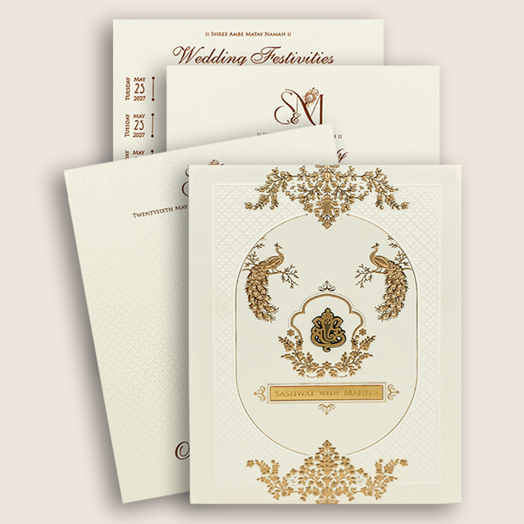 Cream Embossed Peacock Floral Padded Wedding Card - KRE29160