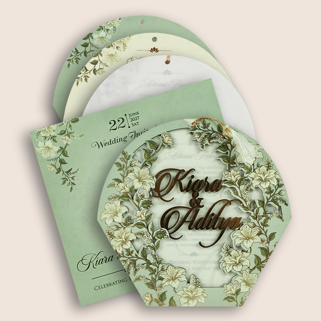 Pastel Green Floral MDF Laser Cut Wedding Card - KFR17130