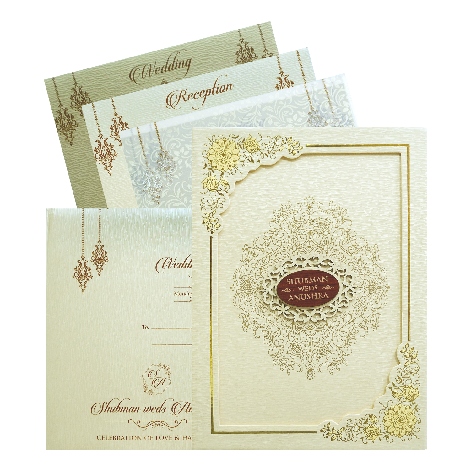 Shop Cream Floral Frame Type Wedding Card with luxurious gold accents, floral border, and premium textured finish. ?WhatsApp Support ?Express Delivery.