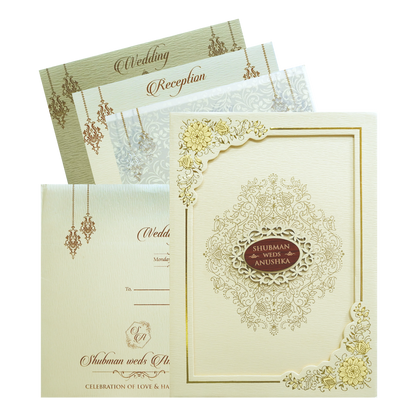 Shop Cream Floral Frame Type Wedding Card with luxurious gold accents, floral border, and premium textured finish. ?WhatsApp Support ?Express Delivery.