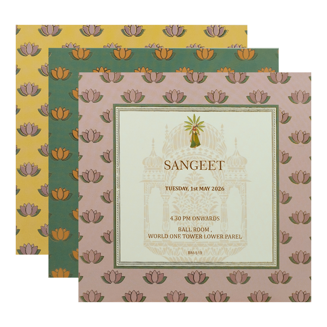 Yellow Lord Krishna Floral Padded Wedding Card - KBM05190