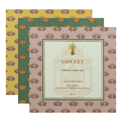 Yellow Lord Krishna Floral Padded Wedding Card - KBM05190
