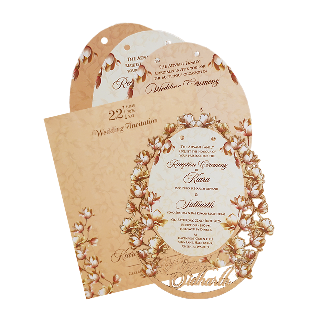 Beige Brown Floral Laser Cut Wedding Card - KFR14040