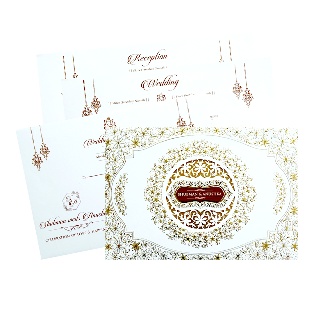 White Padded Embossed Floral Cutout Wedding Invitation Card-KRB09800