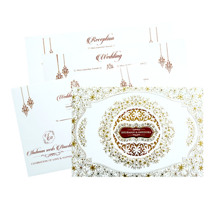 White Padded Embossed Floral Cutout Wedding Invitation Card-KRB09800