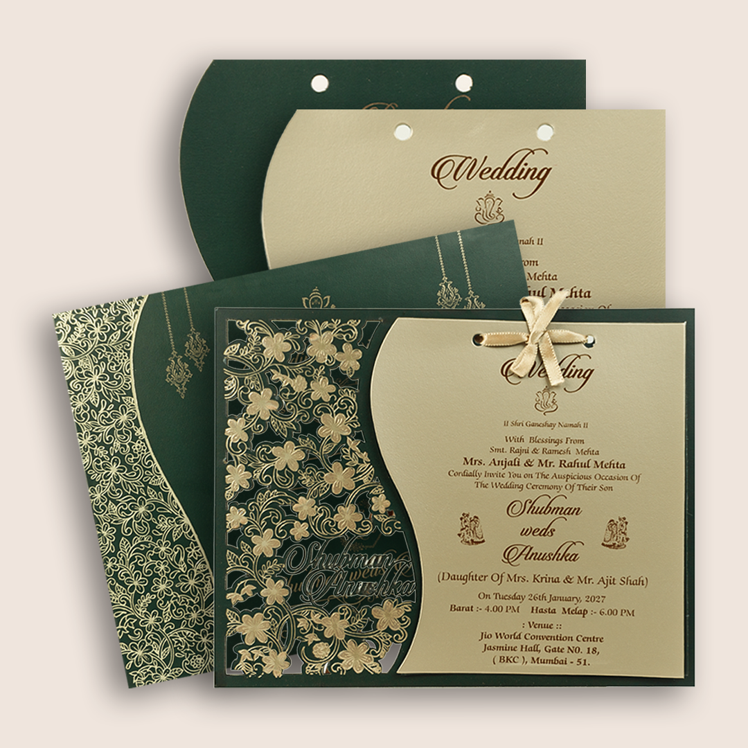 Dark Green Floral MDF Laser Cut Wedding Invitation Card - KRB08082