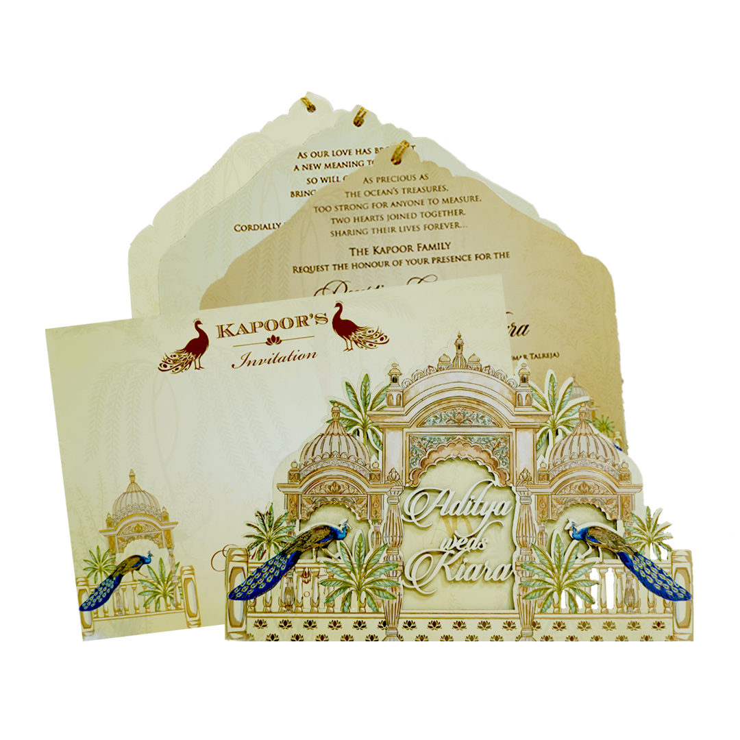 Yellow Palace Peacock Laser Cut Wedding Card - KFR15060