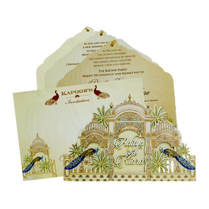 Yellow Palace Peacock Laser Cut Wedding Card - KFR15060