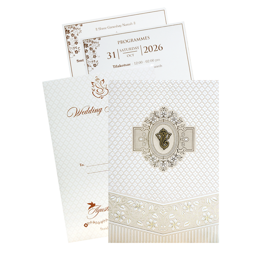 White Quilted Floral Ganesh Wedding Card - KVN07180