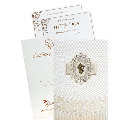 White Quilted Floral Ganesh Wedding Card - KVN07180
